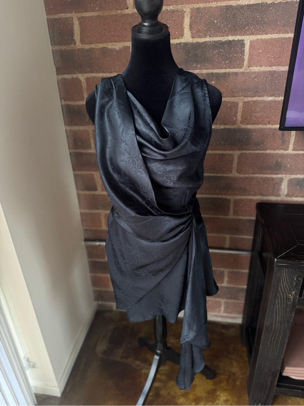 Ronny Kobo Satin Cowl Neck Draped Black Dress with Flower Embroidered Detail